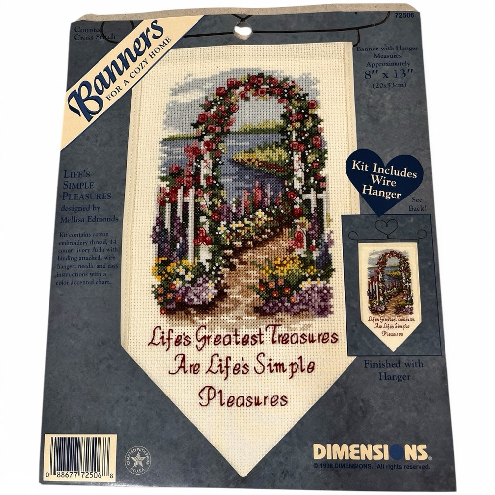 DIMENSIONS SIMPLE PLEASURES BANNER W/ WIRE HANGER CROSS STITCH # 72506 NWT